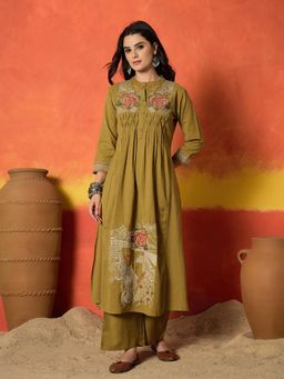 Stylum - Women Olive Floral Embroidered Kurta with Palazzo