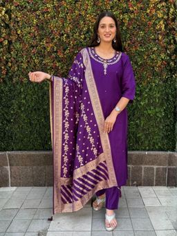 Odette - Women Purple Floral Sequined Work Kurta with Pant and Dupatta