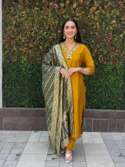 Odette - Women Mustard Embroidered Sequined Work Kurta with Pant and Dupatta