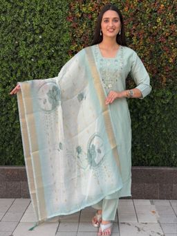 Odette - Women Light Blue Embroidered Sequined Work Kurta with Pant and Dupatta