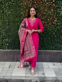 Odette - Women Pink Embroidered Sequined Work Kurta with Pant and Dupatta