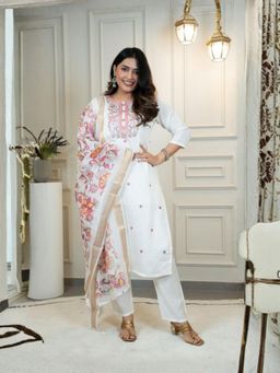 Odette - Women White Floral Embroidered Kurta with Pant and Dupatta