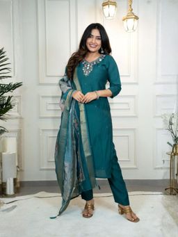 Odette - Women Teal Embroidered Thread Work Kurta with Pant and Dupatta