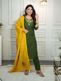 Odette - Women Olive Embroidered Sequined Work Kurta with Pant and Dupatta