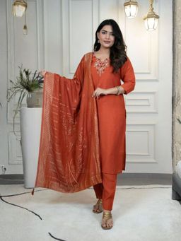 Odette - Women Orange Embroidered Thread Work Kurta with Pant and Dupatta