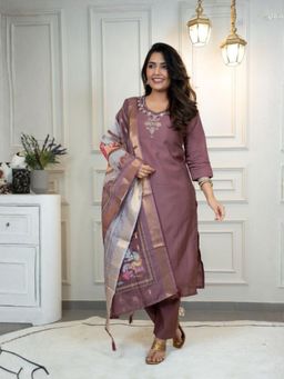 Odette - Women Mauve Embroidered Sequined Work Kurta with Pant and Dupatta
