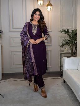 Odette - Women Purple Embroidered Sequined Work Kurta with Pant and Dupatta