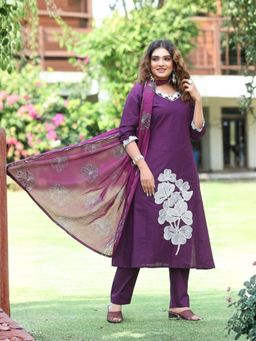 Odette - Women Purple Floral Embroidered Kurta with Pant and Dupatta