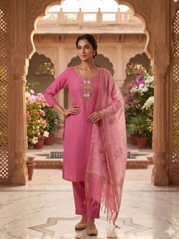 Odette - Women Pink Floral Sequined Work Kurta with Pant and Dupatta