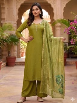 Odette - Women Olive Embroidered Thread Work Kurta with Palazzo and Dupatta