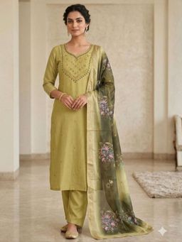 Odette - Women Olive Floral Sequined Work Kurta with Pant and Dupatta
