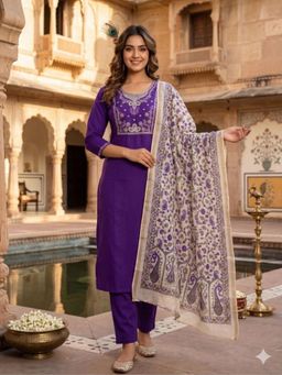 Odette - Women Purple Embroidered Sequined Work Kurta with Pant and Dupatta