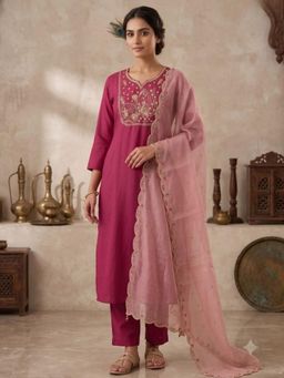 Odette - Women Wine Embroidered Thread Work Kurta with Pant and Dupatta