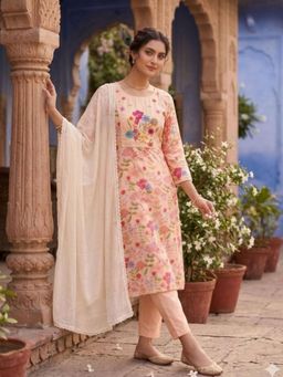 Odette - Women Peach Floral Embroidered Kurta with Pant and Dupatta