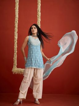 Stylum - Women Blue Embroidered Bandhani Kurti with Farshi Salwar and Dupatta
