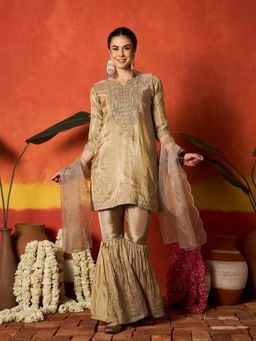 Stylum - Women Beige Embroidered Sequined Work Kurti with Sharara and Dupatta
