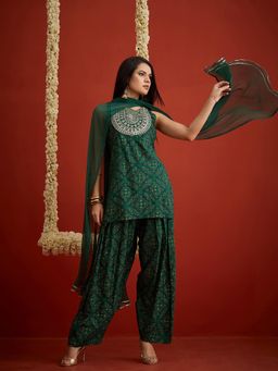 Stylum - Women Green Printed Bandhani Kurti with Farshi Salwar and Dupatta