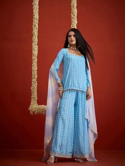 Stylum - Women Blue Printed Bandhani Kurti with Palazzo and Dupatta