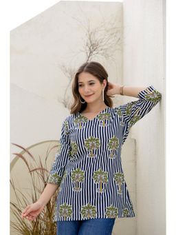Surhi - Women Navy Blue Stripes Printed Short Kurti