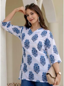 Surhi - Women Blue-White Floral Printed Short Kurti