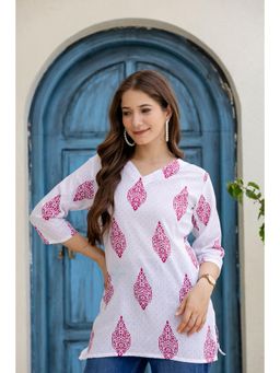 Surhi - Women Off White-Pink Floral Printed Short Kurti