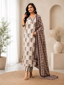 Vastramyaa - Women Cream-Maroon Floral Printed Kurta with Pant and Dupatta