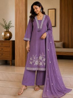 Vastramyaa - Women Lavender Floral Embroidered Kurta with Palazzo and Dupatta