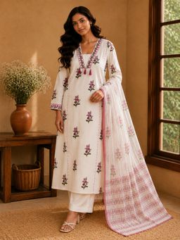 Vastramyaa - Women White-Pink Floral Printed Kurta with Pant and Dupatta