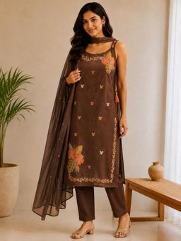 Vastramyaa - Women Brown Floral Embroidered Kurta with Pant and Dupatta