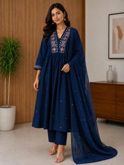 Vastramyaa - Women Navy Blue Embroidered Mirror Work Kurta with Pant and Dupatta