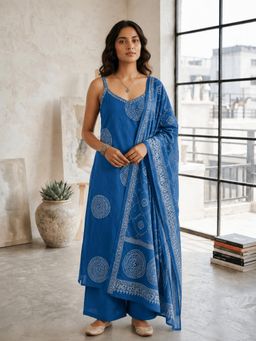 Vastramyaa - Women Blue Printed Sequined Work Kurta with Palazzo and Dupatta