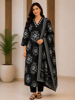 Vastramyaa - Women Black Floral Mirror Work Kurta with Pant and Dupatta