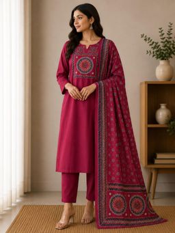 Vastramyaa - Women Maroon Printed Beads Work Kurta with Pant and Dupatta