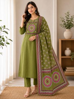 Vastramyaa - Women Olive Printed Beads Work Kurta with Pant and Dupatta