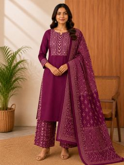Vastramyaa - Women Wine Printed Sequined Work Kurta with Palazzo and Dupatta