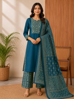 Vastramyaa - Women Teal Printed Sequined Work Kurta with Palazzo and Dupatta