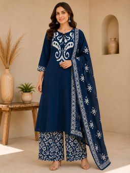 Vastramyaa - Women Navy Blue Floral Printed Kurta with Palazzo and Dupatta