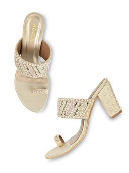 ROCIA - Gold Women Hand Embroidered Block Heel Sandals