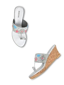 ROCIA - Silver Women Hand Embroidered Wedges