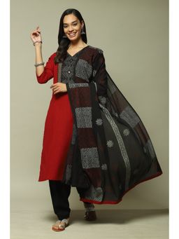 Biba - Maroon Cotton Unstitched Suit (Set of 3)