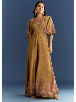 KALKI FASHION - Green Crepe With Mirror Sequins Work Cape And Belt Jumpsuit