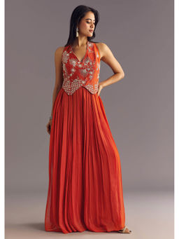 KALKI FASHION - Orange Georgette With Moti And Sequins Embroidery Jumpsuit