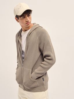 The Bear House - Men's Beige Relaxed Fit Textured Cotton Casual Hoodie