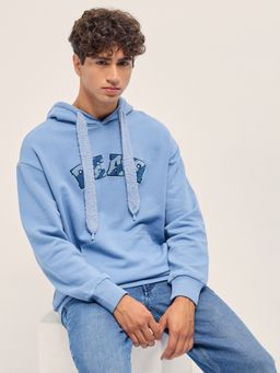 The Bear House - Men's Blue Relaxed Fit Embroidered Cotton Casual Hoodie