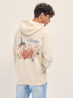 The Bear House - Men's Cream Relaxed Fit Graphic Cotton Casual Hoodie
