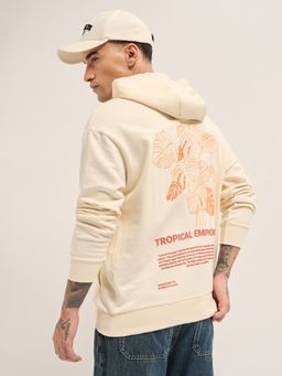 The Bear House - Men's Cream Relaxed Fit Embroidery Cotton Casual Hoodie