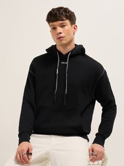 The Bear House - Men's Black Relaxed Fit Solid Cotton Casual Hoodie