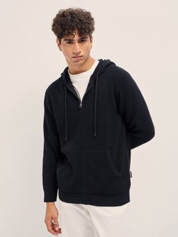 The Bear House - Men's Black Relaxed Fit Textured Cotton Casual Hoodie