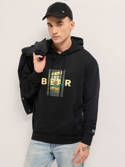 The Bear House - Men's Black Relaxed Fit Graphic Cotton Casual Hoodie