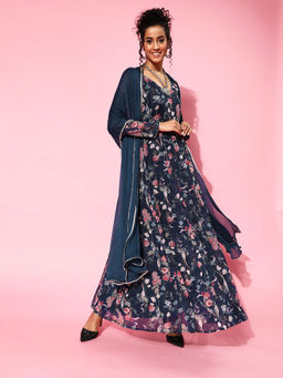 Varanga - Women's Navy Blue Floral Anarkali Kurta with Dupatta (Set of 2)